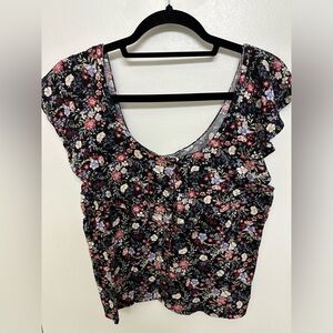 American Eagle Floral Off Shoulder Button Up Ruffle Top, Size L